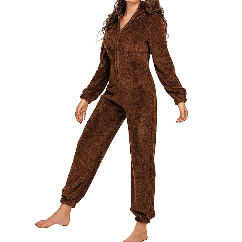 Women One Piece Fleece Pajamas Onesie Hooded Zipper Romper Jumpsuit Fuzzy Warm Sherpa Sleepwear Homewear