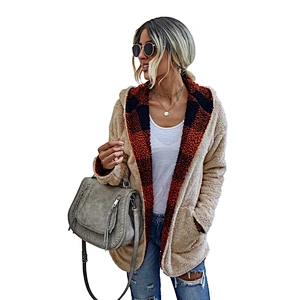 Factory Direct Womens Fuzzy Lapel Open Front Reversible Coat Outwear Patchwork Plaid Sherpa Fleece Hoodies