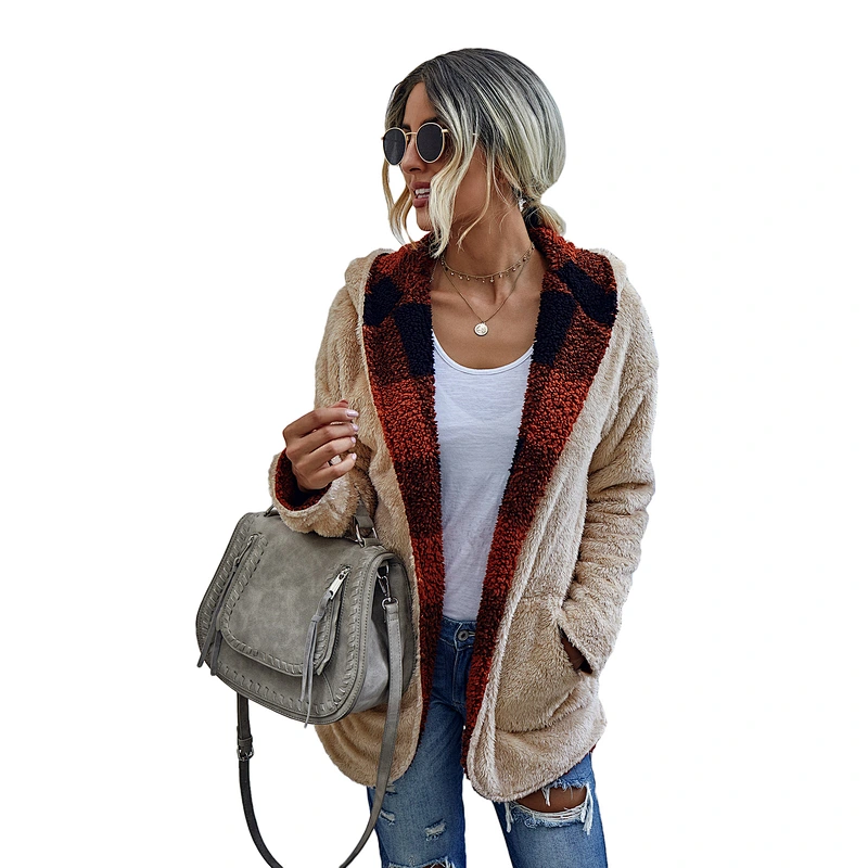 Factory Direct Womens Fuzzy Lapel Open Front Reversible Coat Outwear Patchwork Plaid Sherpa Fleece Hoodies