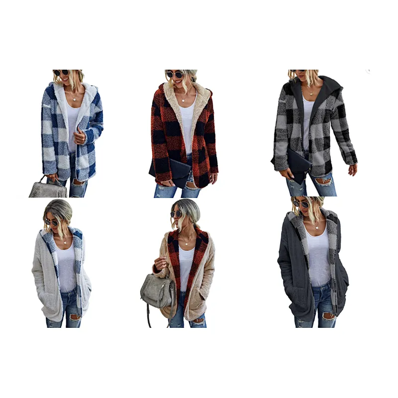 Factory Direct Womens Fuzzy Lapel Open Front Reversible Coat Outwear Patchwork Plaid Sherpa Fleece Hoodies