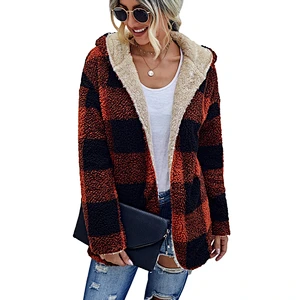 Factory Direct Womens Fuzzy Lapel Open Front Reversible Coat Outwear Patchwork Plaid Sherpa Fleece Hoodies