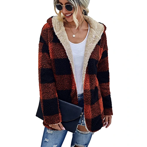 Factory Direct Womens Fuzzy Lapel Open Front Reversible Coat Outwear Patchwork Plaid Sherpa Fleece Hoodies