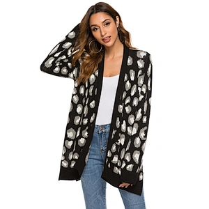 Custom Logo Women's Long Sleeves Leopard Print Knitting Cardigan Open Front Fuzzy Sweater Outwear Coats