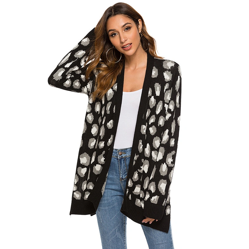 Custom Logo Women's Long Sleeves Leopard Print Knitting Cardigan Open Front Fuzzy Sweater Outwear Coats