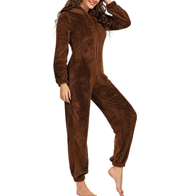 Women One Piece Fleece Pajamas Onesie Hooded Zipper Romper Jumpsuit Fuzzy Warm Sherpa Sleepwear Homewear