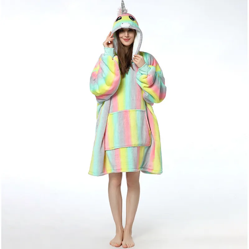 Women Cute Oversized Huggle Hoodie Blanket Sweatshirt Fuzzy Sherpa Pullover TV blanket with Kangaroo Pocket