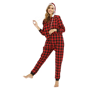 Women Plush Fabric One Piece Sleepwear Loungewear Plaid Zipper Onesie Sherpa Pajamas Hoodies