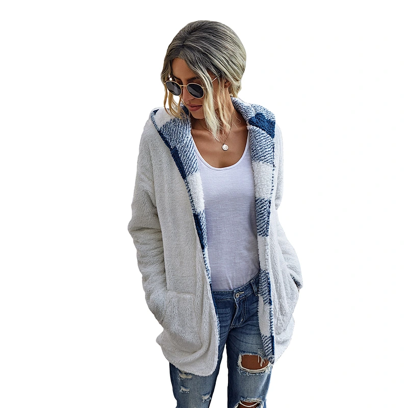 Factory Direct Womens Fuzzy Lapel Open Front Reversible Coat Outwear Patchwork Plaid Sherpa Fleece Hoodies