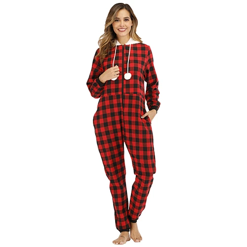 Women Plush Fabric One Piece Sleepwear Loungewear Plaid Zipper Onesie Sherpa Pajamas Hoodies