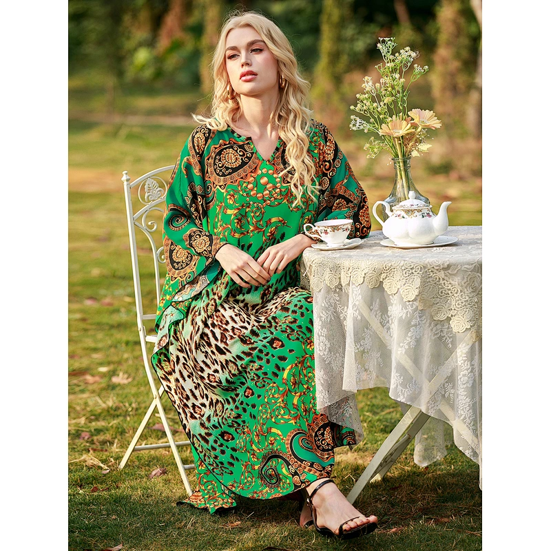 Women's Print Turkish Kaftans Chiffon Caftan Loungewear Beachwear Bikini Swimsuit Cover Up Dress