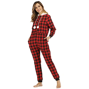 Women Plush Fabric One Piece Sleepwear Loungewear Plaid Zipper Onesie Sherpa Pajamas Hoodies