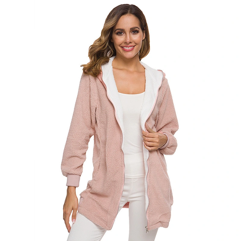 Amazon Hot Women Plus Size Fuzzy Lamb Winter Coat Outwear Solid Full Zip-up Sherpa Fleece Hoodies
