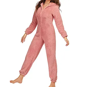 Women One Piece Fleece Pajamas Onesie Hooded Zipper Romper Jumpsuit Fuzzy Warm Sherpa Sleepwear Homewear