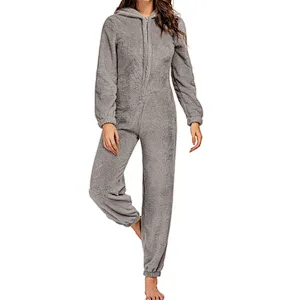 Women One Piece Fleece Pajamas Onesie Hooded Zipper Romper Jumpsuit Fuzzy Warm Sherpa Sleepwear Homewear