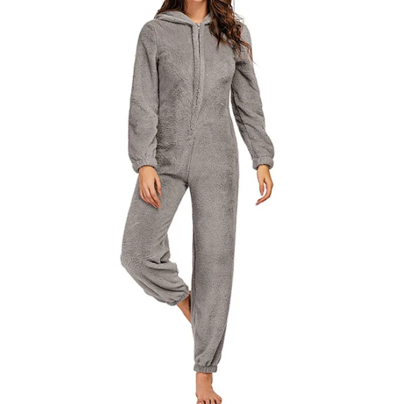Women One Piece Fleece Pajamas Onesie Hooded Zipper Romper Jumpsuit Fuzzy Warm Sherpa Sleepwear Homewear
