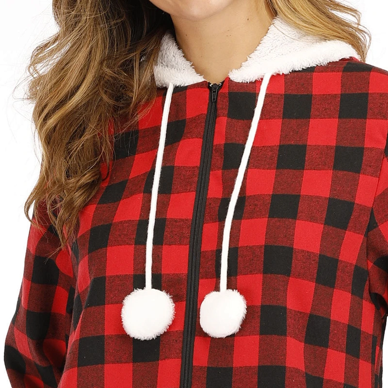 Women Plush Fabric One Piece Sleepwear Loungewear Plaid Zipper Onesie Sherpa Pajamas Hoodies