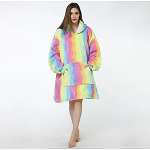 Women Cute Oversized Huggle Hoodie Blanket Sweatshirt Fuzzy Sherpa Pullover TV blanket with Kangaroo Pocket