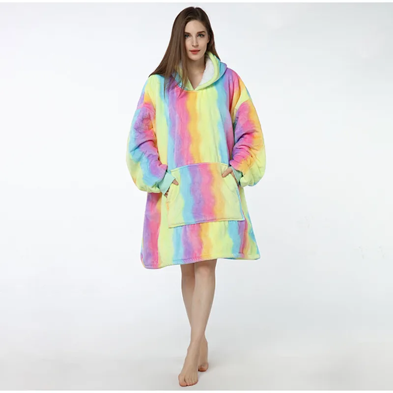 Women Cute Oversized Huggle Hoodie Blanket Sweatshirt Fuzzy Sherpa Pullover TV blanket with Kangaroo Pocket