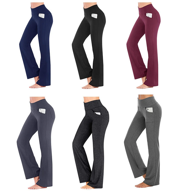 Womens High Waisted Yoga Pants with Pockets Bootleg Workout Pants Quick Dry Solid Fitness Sports Leggings