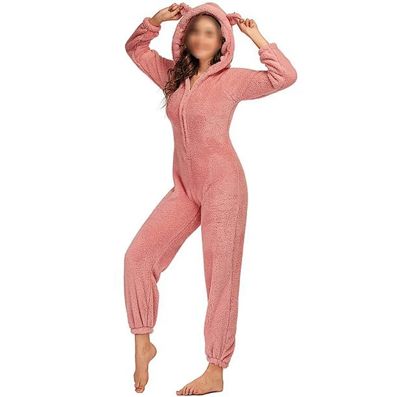 Customized Logo & Design One Piece Christmas Jumpsuit Playsuit Loungewear Zipper Hooded Sherpa Fleece Onesie Pajamas