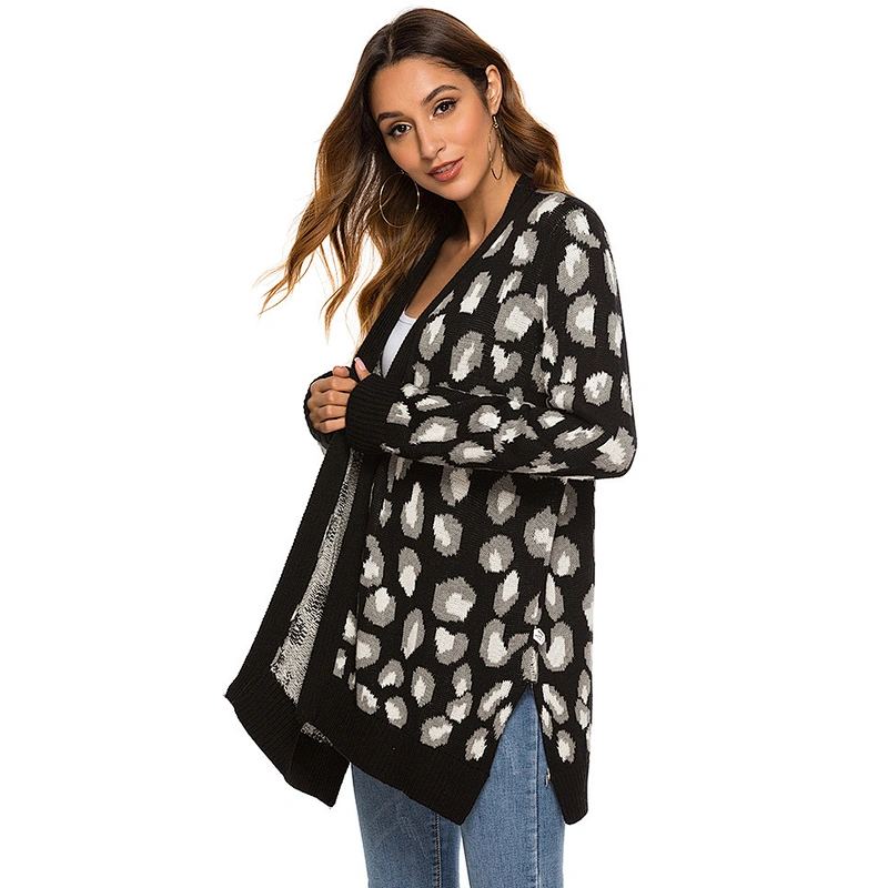 Custom Logo Women's Long Sleeves Leopard Print Knitting Cardigan Open Front Fuzzy Sweater Outwear Coats