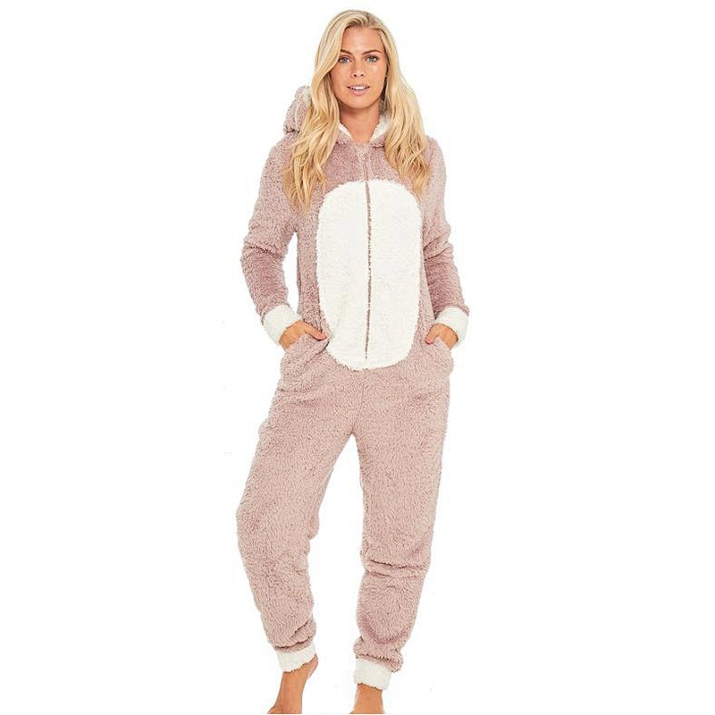 Womens Fuzzy One piece Jumpsuit Sleepwear Pug Dog Zipper Fuzzy Sherpa Hooded Fleece Onesie Pajamas