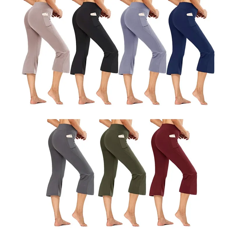Women's High Waist Yoga Pants with Pocket Flare Leg Capris Quick Dry Solid Workout Yoga Fitness Sports Pants