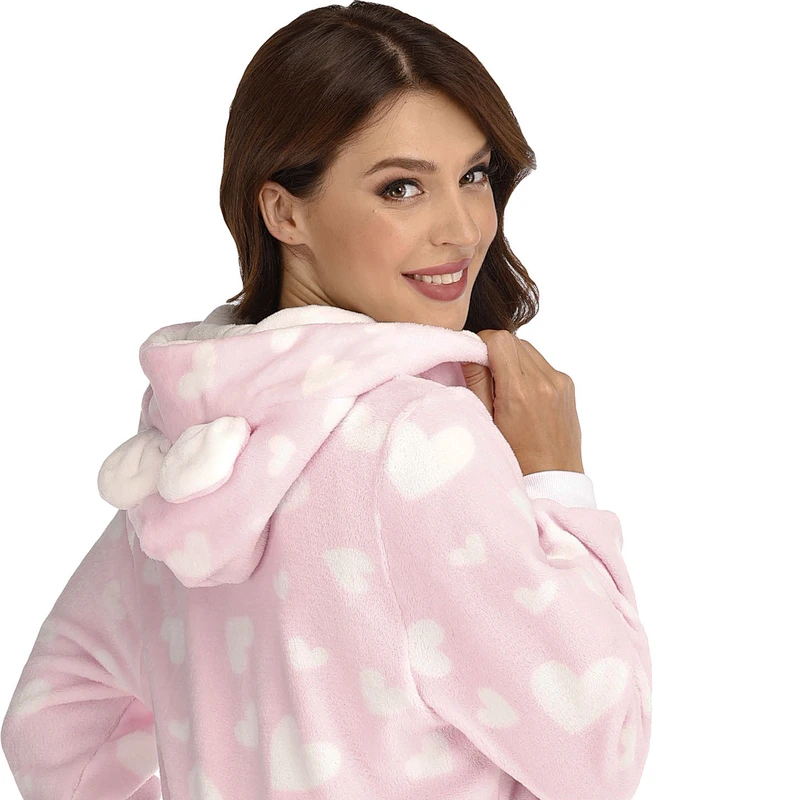 Women Plush Fabric One Piece Sleepwear Loungewear Hooded Zipper Onesie Sherpa Pajamas Jumpsuit
