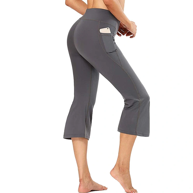 Women's High Waist Yoga Pants with Pocket Flare Leg Capris Quick Dry Solid Workout Yoga Fitness Sports Pants
