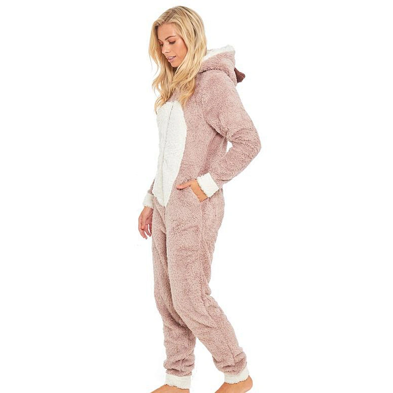 Womens Fuzzy One piece Jumpsuit Sleepwear Pug Dog Zipper Fuzzy Sherpa Hooded Fleece Onesie Pajamas