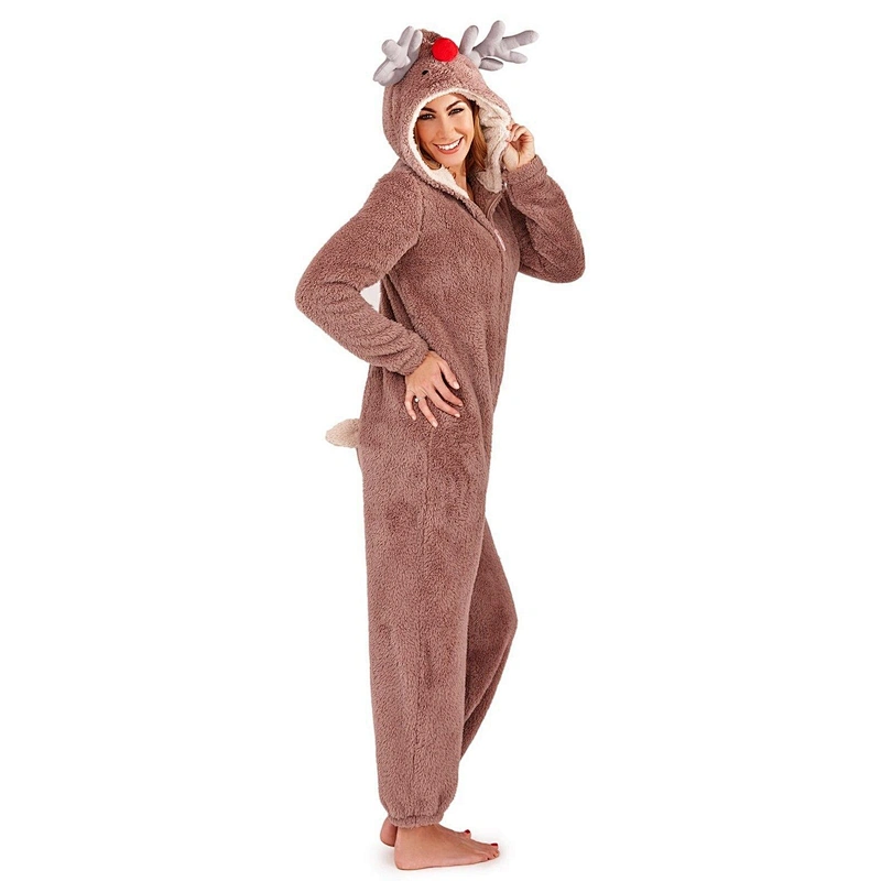Customized Logo & Design One Piece Christmas Jumpsuit Playsuit Loungewear Zipper Hooded Sherpa Fleece Onesie Pajamas