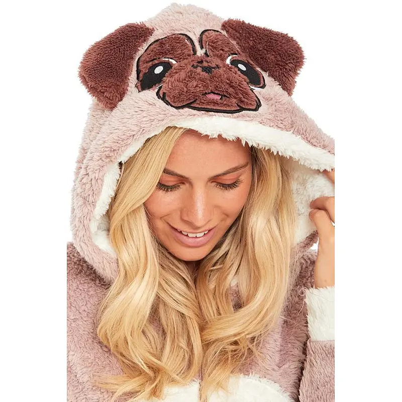 Womens Fuzzy One piece Jumpsuit Sleepwear Pug Dog Zipper Fuzzy Sherpa Hooded Fleece Onesie Pajamas