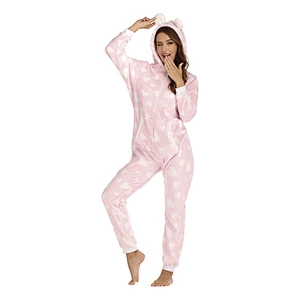 Women Plush Fabric One Piece Sleepwear Loungewear Hooded Zipper Onesie Sherpa Pajamas Jumpsuit