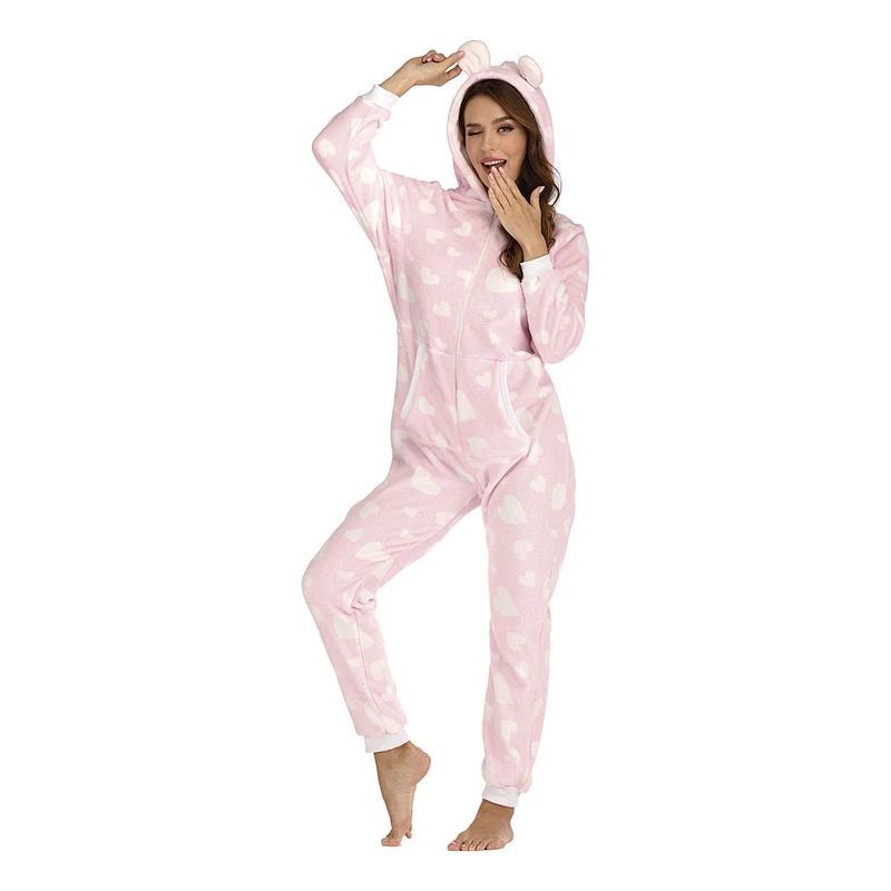 Women Plush Fabric One Piece Sleepwear Loungewear Hooded Zipper Onesie Sherpa Pajamas Jumpsuit