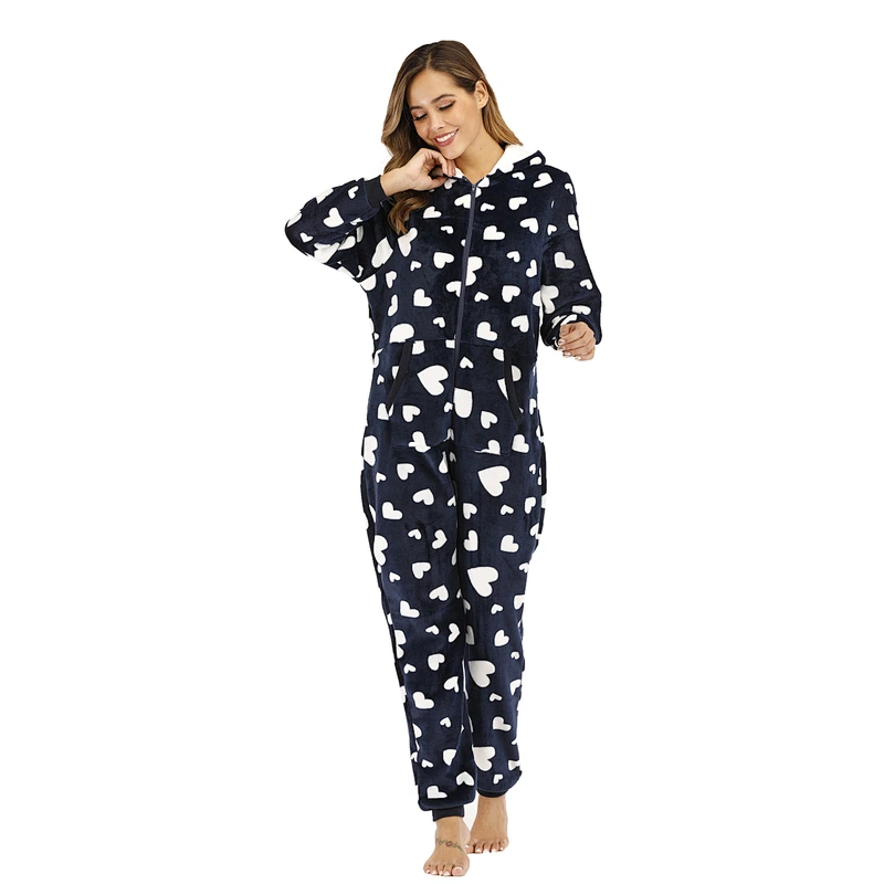 Women Plush Fabric One Piece Sleepwear Loungewear Hooded Zipper Onesie Sherpa Pajamas Jumpsuit