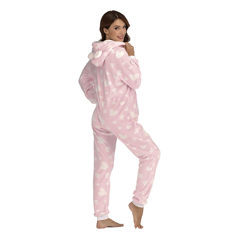Women Plush Fabric One Piece Sleepwear Loungewear Hooded Zipper Onesie Sherpa Pajamas Jumpsuit