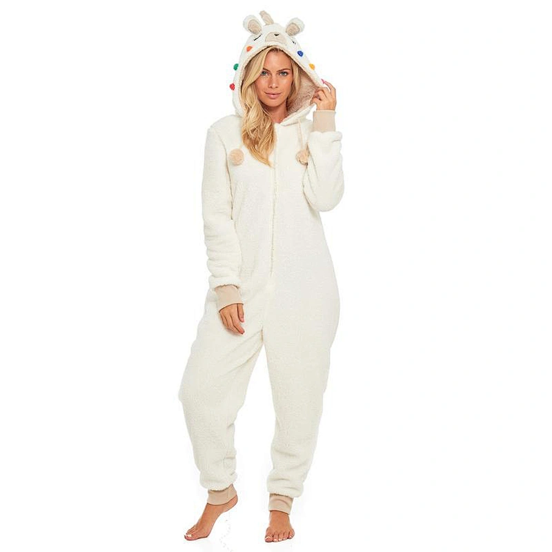 Womens Fuzzy One piece Sleepwear Zipper Hooded Sherpa Fleece Onesie Pajamas Jumpsuit