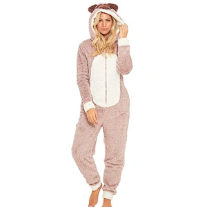 Womens Fuzzy One piece Jumpsuit Sleepwear Pug Dog Zipper Fuzzy Sherpa Hooded Fleece Onesie Pajamas
