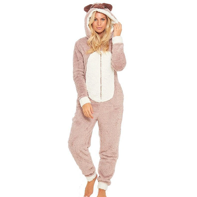Womens Fuzzy One piece Jumpsuit Sleepwear Pug Dog Zipper Fuzzy Sherpa Hooded Fleece Onesie Pajamas