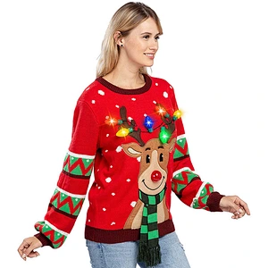 Women's Ugly Reindeer Christmas Sweater Long Sleeve Christmas Sweater Tops with LED bulb Lights