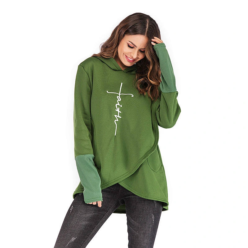 Custom Logo Women Long Sleeve Embroidery Hoodie Asymmetric Hem Casual Tunic Fleece Sweatshirt Hoodies