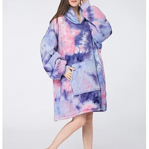 Oversized Huggle Hoodie Blanket Sweatshirt, Fuzzy Tie Dye Sherpa Pullover TV blanket with Kangaroo Pocket
