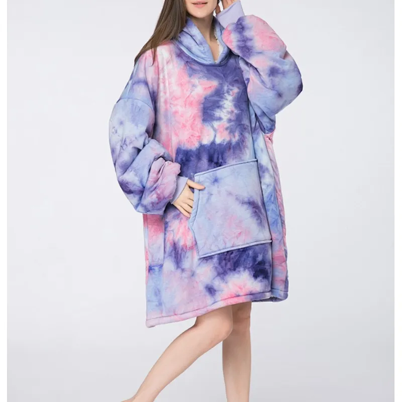 Oversized Huggle Hoodie Blanket Sweatshirt, Fuzzy Tie Dye Sherpa Pullover TV blanket with Kangaroo Pocket