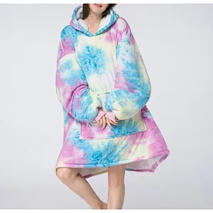 Oversized Huggle Hoodie Blanket Sweatshirt, Fuzzy Tie Dye Sherpa Pullover TV blanket with Kangaroo Pocket