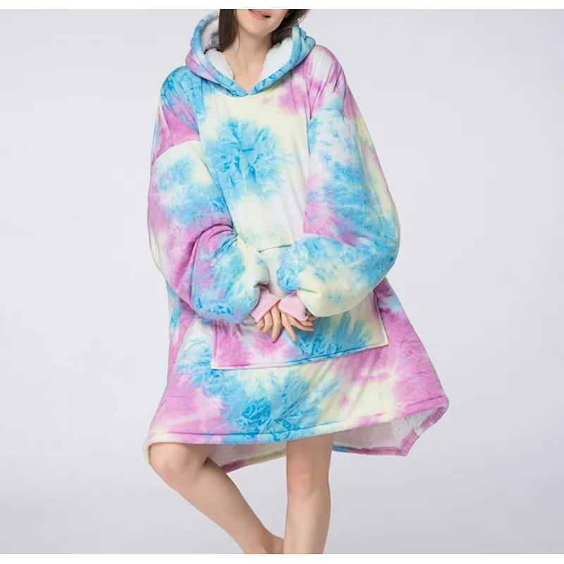 Oversized Huggle Hoodie Blanket Sweatshirt, Fuzzy Tie Dye Sherpa Pullover TV blanket with Kangaroo Pocket