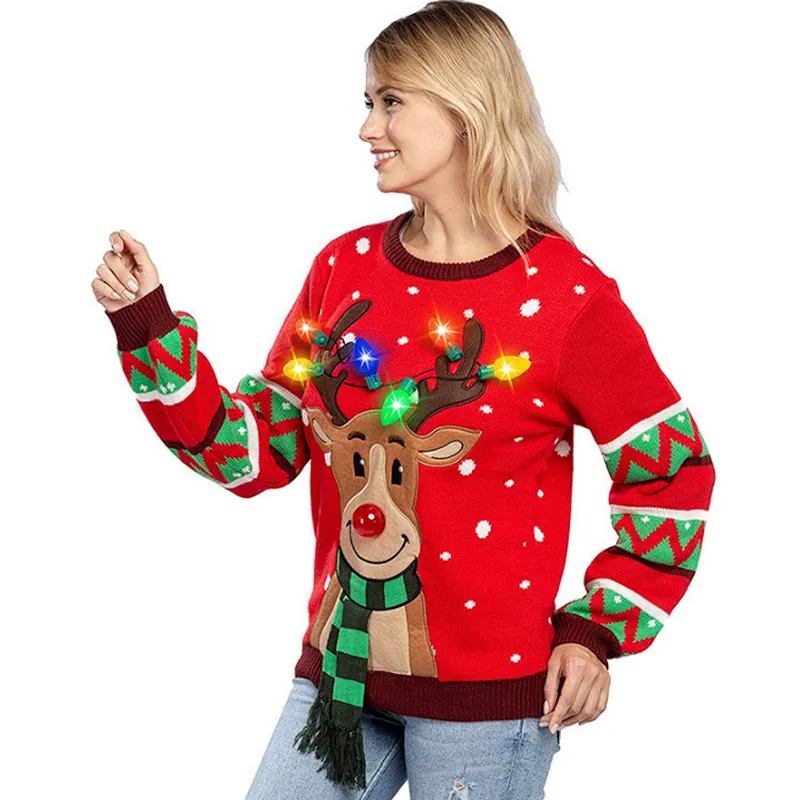 Women's Ugly Reindeer Christmas Sweater Long Sleeve Christmas Sweater Tops with LED bulb Lights