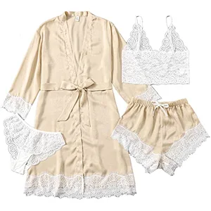 2021 Amazon Women's pajamas Sleepwear 4pcs Floral Lace Trim Satin Cami Pajama Set with Robe