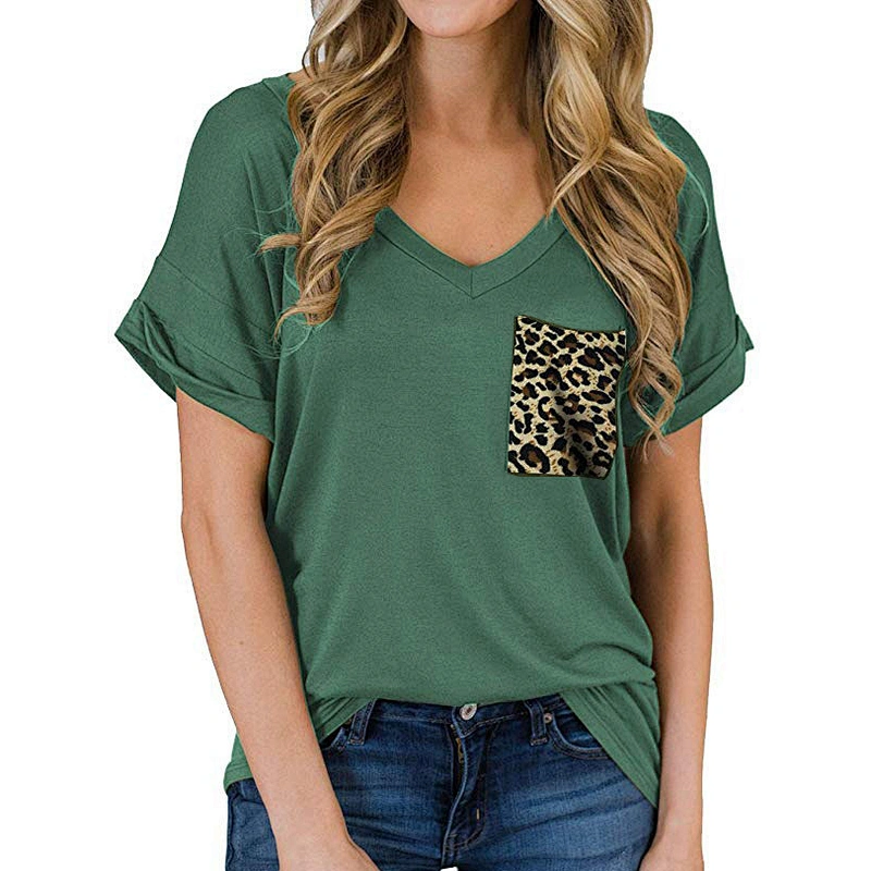 Women Casual Summer Shirt Short Sleeve V-Neck T-Shirt Basic Loose Graphic Tees with Leopard Pockets