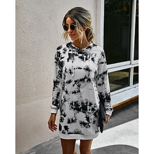 Women Hoodies Dress Tie-Dye Printed Long Sleeve Hooded Tunic Oversized Pockets Sweatshirt Pullover Jumper