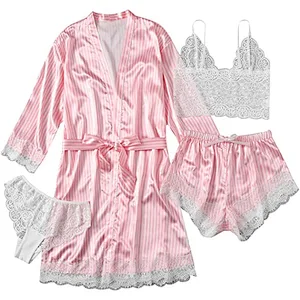 2021 Amazon Women's pajamas Sleepwear 4pcs Floral Lace Trim Satin Cami Pajama Set with Robe